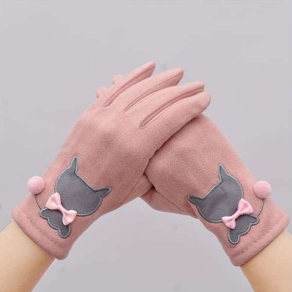 Et par varme, vinterforede stretchhandsker til kvinder med moderigtigt katte-design, kompatible med touchskærm [DB] Black