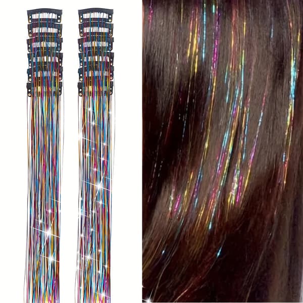 12 stk glitrende hår-tinsel clip-in extensions - glitrende hårtilbehør for kvinner - 19,6 tommer lang, syntetisk, varmebestandig, glittertråder.