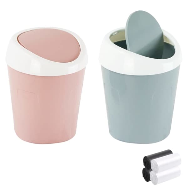 2 Små søppelbøtter Mini skrivebordssøppelbøtte (blå, rosa)