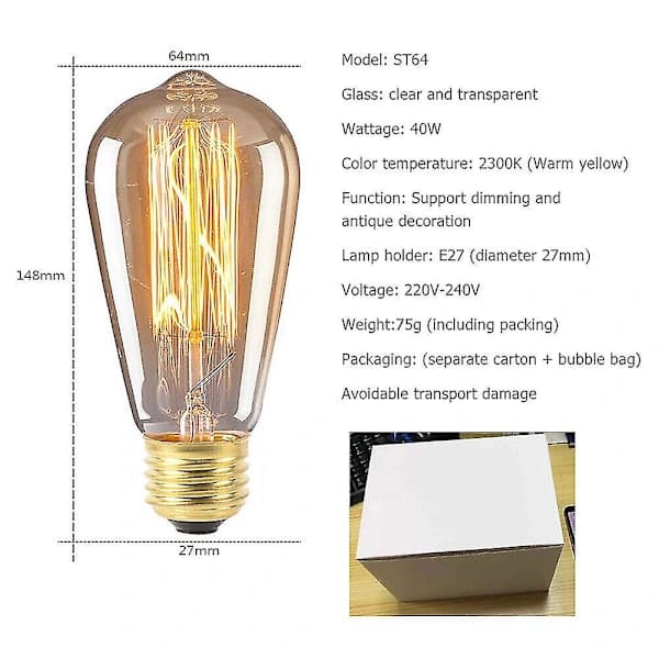 6-pakning Vintage Retro ST64 E27 Edison Glødepærer 40W Glødetrådslyskilde
