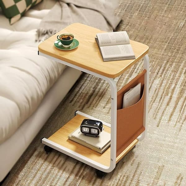 Rullbart sidebord & sofabord - C-formet træ sofabord med opbevaring & 360° hjul til sofa/seng