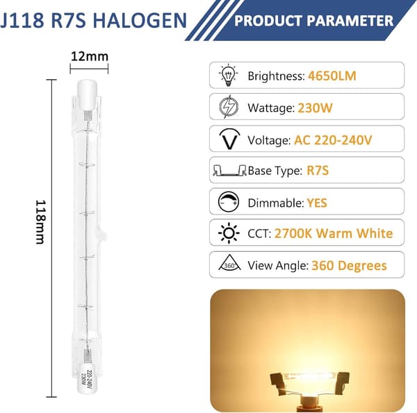 6-pack R7S Halogen Bulbs 118mm 240W 230V, J118 Security Lamp Linear Floodlight Bulbs, Dimmable, 2700K Warm White, 4650lm