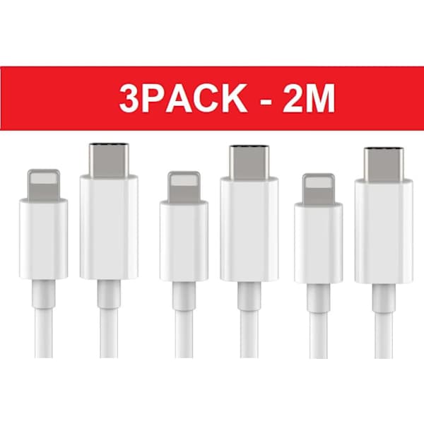 3-pakning 2m Lightning-kabel lading og overføring 2stk USB-C Hvit 3-PAKNING 2M ladekabel