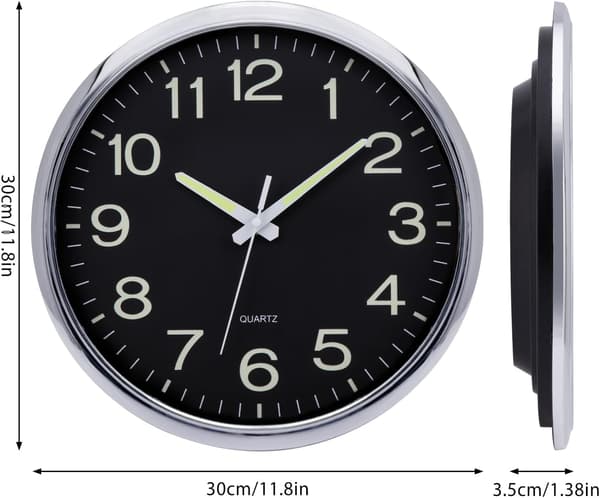 12\" Luminous Wall Clock Glowing in the Dark Silent Wall Clock Non-Ticking Sweeping Movement - Silver