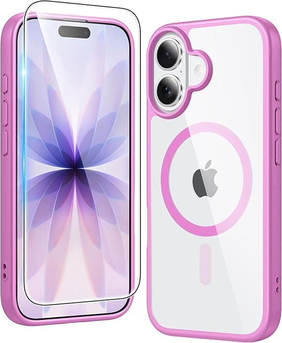 FNTCASE for iPhone 17 Clear Case, Magnetic with Screen Protector, Compatible with MagSafe, Anti-Yellowing Rugged Shockproof Case, B-Pink