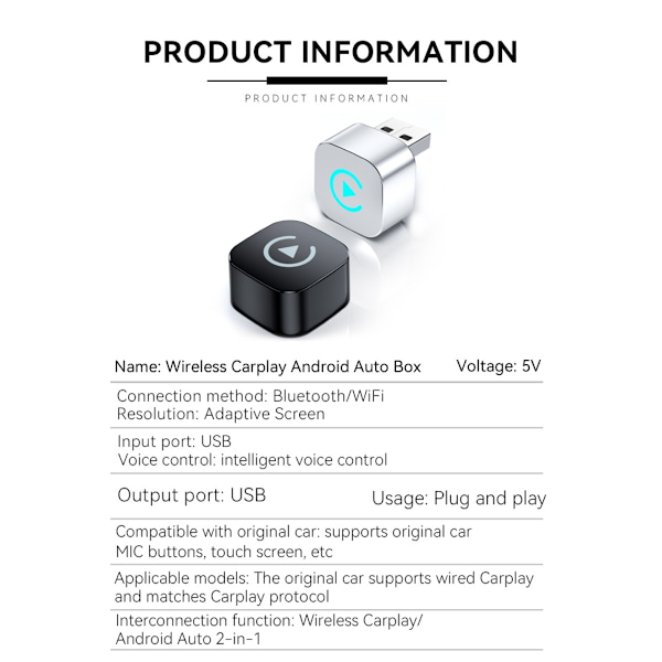 Wireless CarPlay Android Auto 2-in-1 Smart Car Connection Box Compatible with Apple iPhone and Android Devices Silver