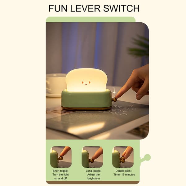 Toaster Lamp Bread Shape Night Light USB Rechargeable Adjustable Warm Light Small Bedroom Table Lamp Green