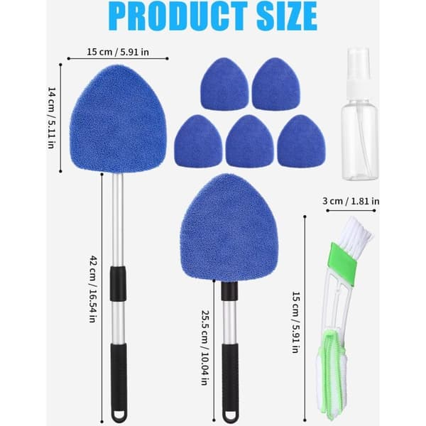 Windshield brush, interior windshield cleaner, windshield cleaner with telescopic handle with 180° swivel handle and 6 washable pads, blue