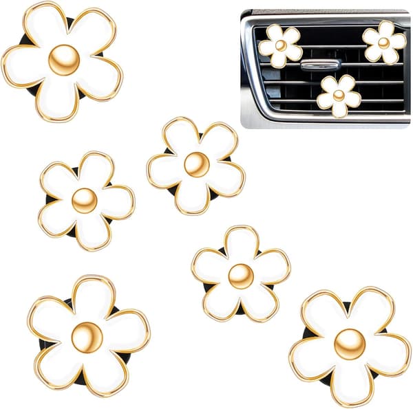 6 stk Daisy Bil Luftventilklips, 3cm & 3.3cm Hvit Bil Luftfrisker, Dashborddekorasjonstilbehør & Bilinteriørpynt white