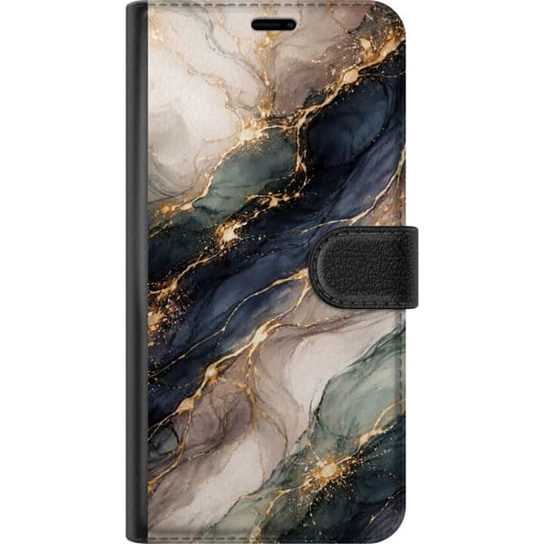Compatible Wallet Case for Apple iPhone 17 Pro Abstract Marble Pattern in Blue, White, and Gold with Flowing Shapes, Elegant and Modern Design