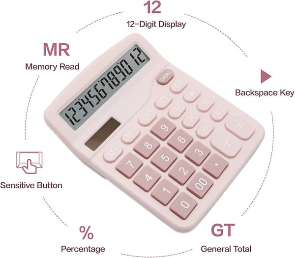 Pink Calculator, Desktop Calculator 12 Digits with Large LCD Display