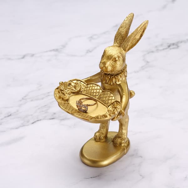 Small Golden Rabbit Figurine Jewelry Ring Dish Decorative Easter