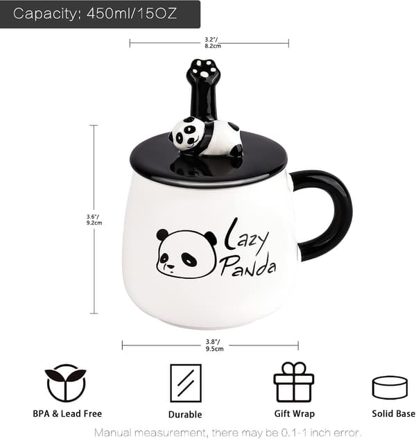 Panda Krus Søt Keramisk Kaffekopp med 3D Panda Søtt Lokk og Rustfritt Stålskje Nyhetskrus Gave til Pandaelskere