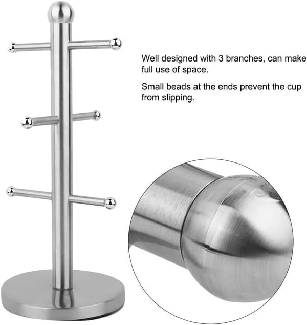 Ruostumaton mukiteline, vapaasti seisova työtason mukiteline 6 metallikoukulla