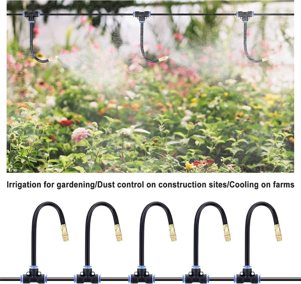 5-pack Brass Misting Nozzle Tee with 8\" Built-in Hose for Outdoor Cooling System, Adjustable 360° Swivel
