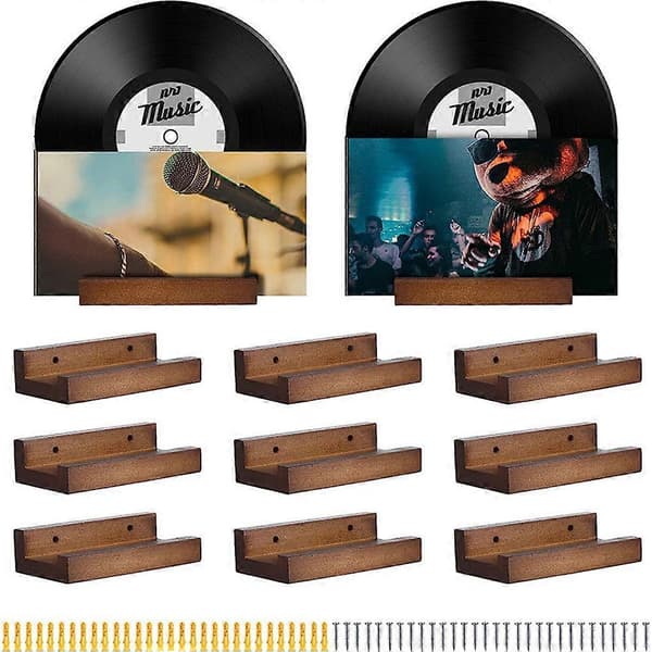 6-pak rustik vægmonteret hylde til vinylplader i træ, ridsefast display med hurtig installationshardware til musikelskere