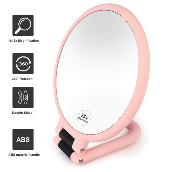 Handheld Mirror with 15x Magnification, Double-Sided Mirror with 1x 15x Magnification and Adjustable Folding Handle, Handheld Stand Travel Mirror