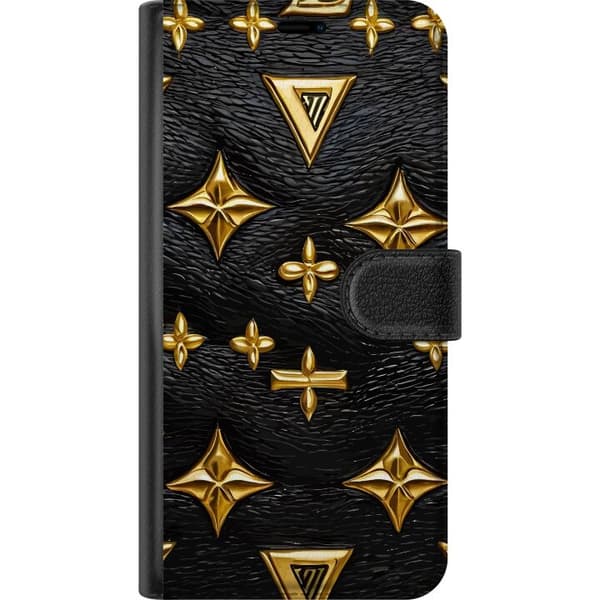 Compatible Wallet Case for Samsung Galaxy S23 Black texture with raised golden symbols in exclusive repeated pattern, modern luxurious design