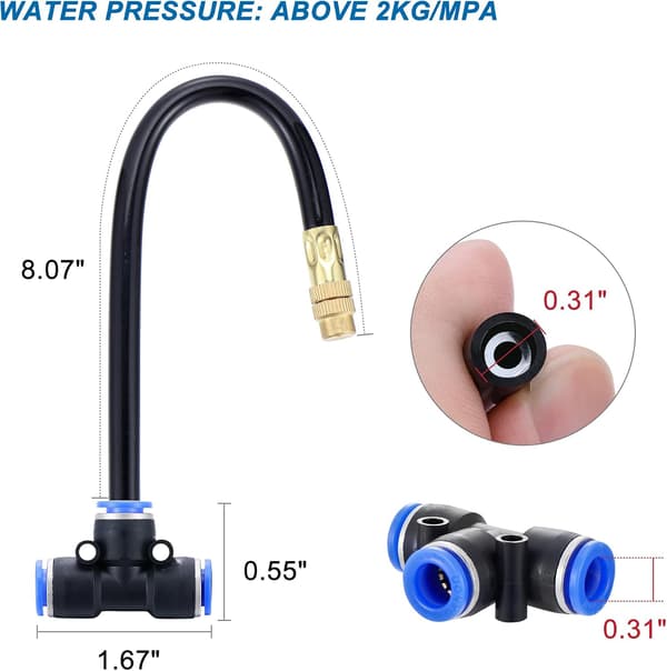 5-pack Brass Misting Nozzle Tee with 8\" Built-in Hose for Outdoor Cooling System, Adjustable 360° Swivel