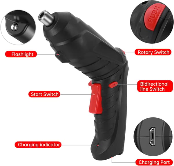 Portable Rechargeable Electric Screwdriver 3.6V with 47 Cordless Accessories, Dual-Position Handle and LED Headlight