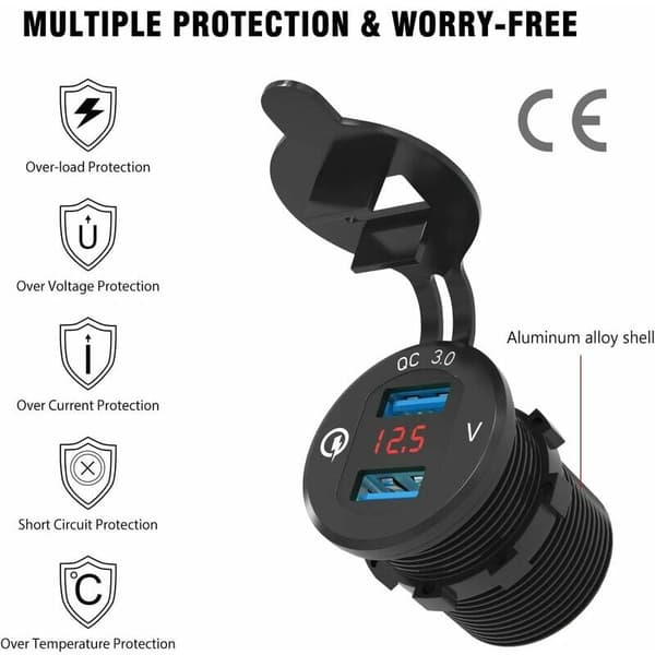 Motorcycle Dual USB Socket Car Charger Marine Power Outlet Adapter Waterproof Cigarette Lighter Socket 2.1A Fast Charging with LED Voltmeter for