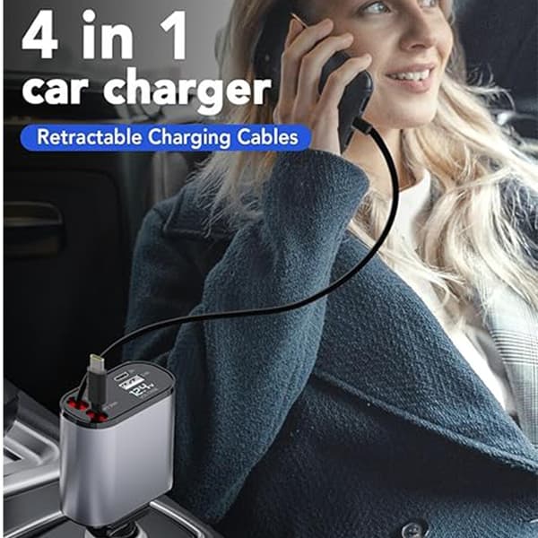 Dual Retractable USB Cable Car Charger with Voltmeter and 4-in-1 Fast Charging Support, USB A PD Port Enabled Car Cigarette Lighter Adapter, Smart