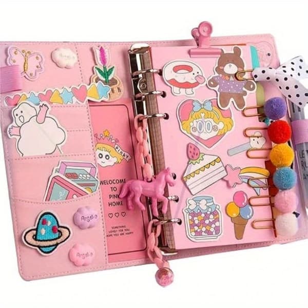 Creative Hand-Drawn Diary Set, DIY Notebook with Pocket Planner, Cute Stationery for Creative Writing and Drawing, Office S [DB] Pink