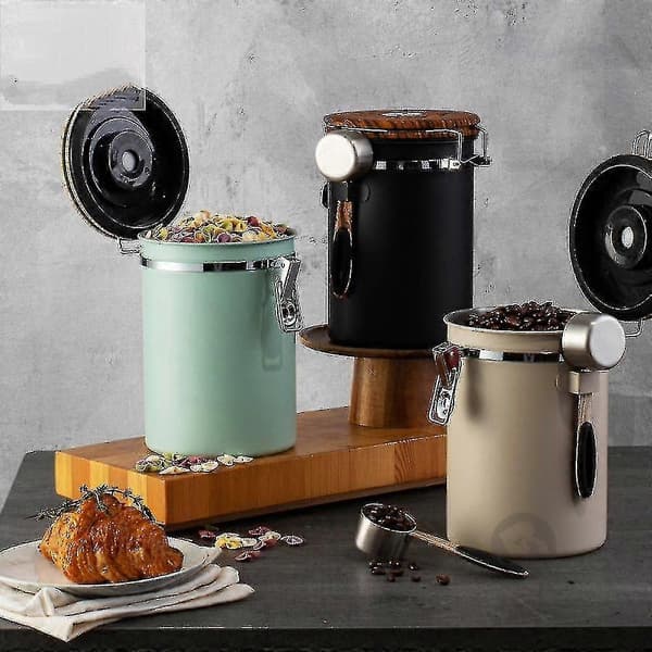 Kaffedåse, lufttæt kaffebeholder i rustfrit stål til køkkenet, fødevareopbevaring med ske, datotracker og CO2-ventil til bønner, malet kaffe, te