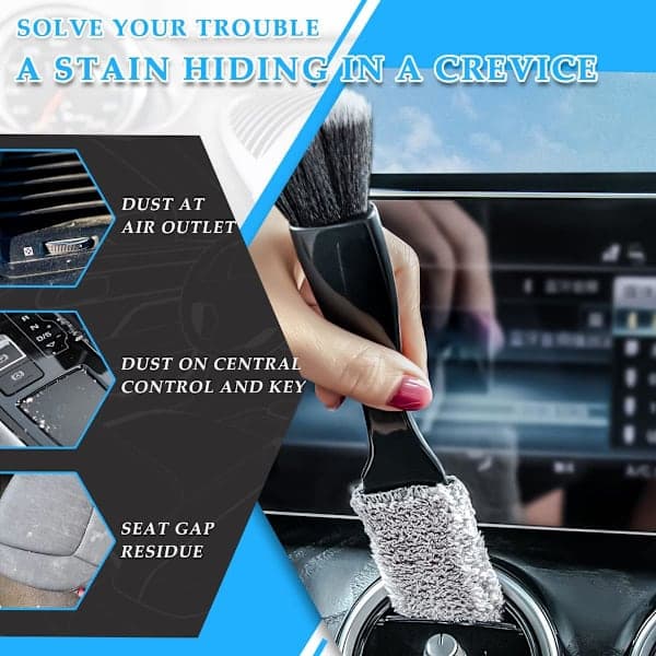 Dual-head brush for car cleaning, soft brushes for car interior cleaning, universal vehicle panel, air vents, computer, etc.