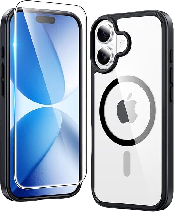 FNTCASE for iPhone 17 Clear Case, Magnetic with Screen Protector, Compatible with MagSafe, Anti-Yellowing Rugged Shockproof Case, B-Black