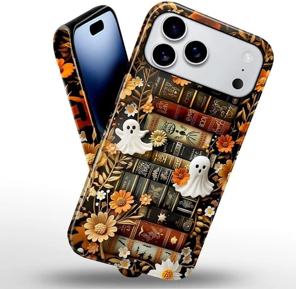 til iPhone 17 Pro Max - Slankt Anti-ridse Mobilcover til Piger Kvinder - Søde Spøgelser Bogreol Efterårsblomster (Blank)