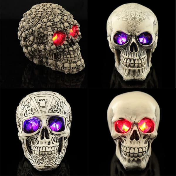 LED Halloween Skeleton Head Statue Resin Desk Decoration with Light