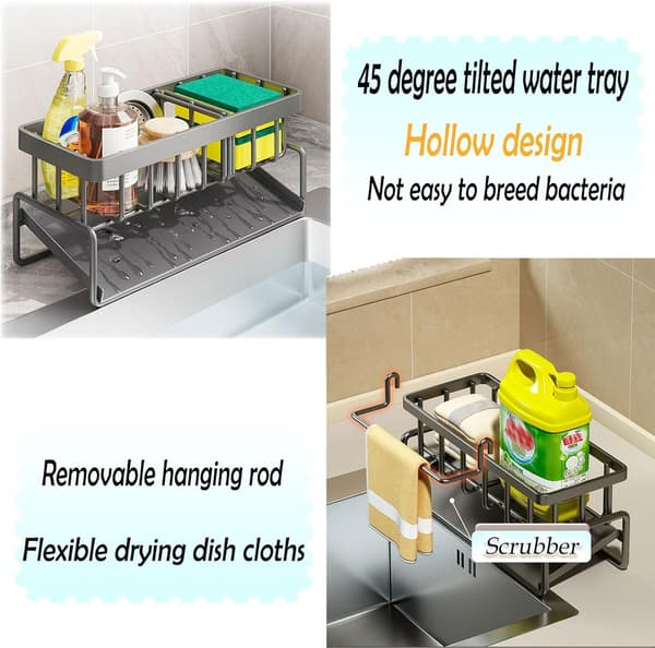 Silver Grey Sink Organiser with Self-Draining Tray - Sponge Holder, Towel Holder for the Kitchen