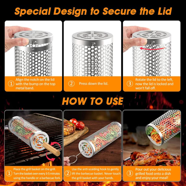 2-pack Rolling Grill Basket with Handle (9.4\" x 3.9\") Nesting Grill Tools, Grill Accessories, Grill Baskets for Outdoor Grilling and Camping, Vegetables