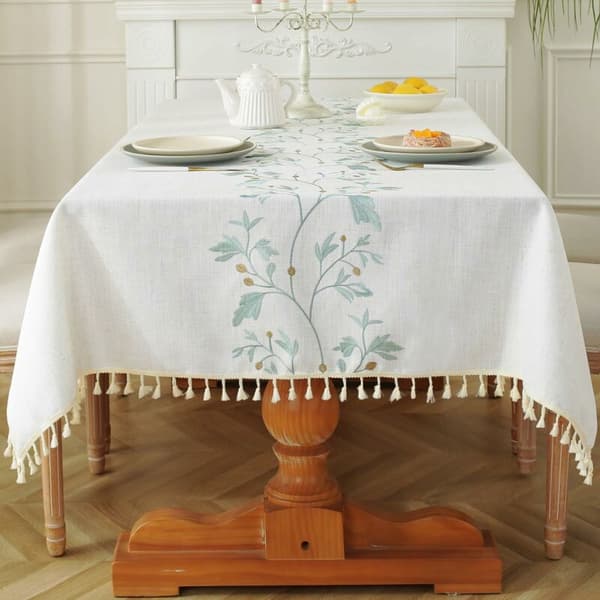Waterproof Cotton Linen Tablecloth for Dining Table, Rustic Farmhouse Kitchen Rectangular Coffee Table Cover, Green Coffee Flowers, 55\" x 55\"