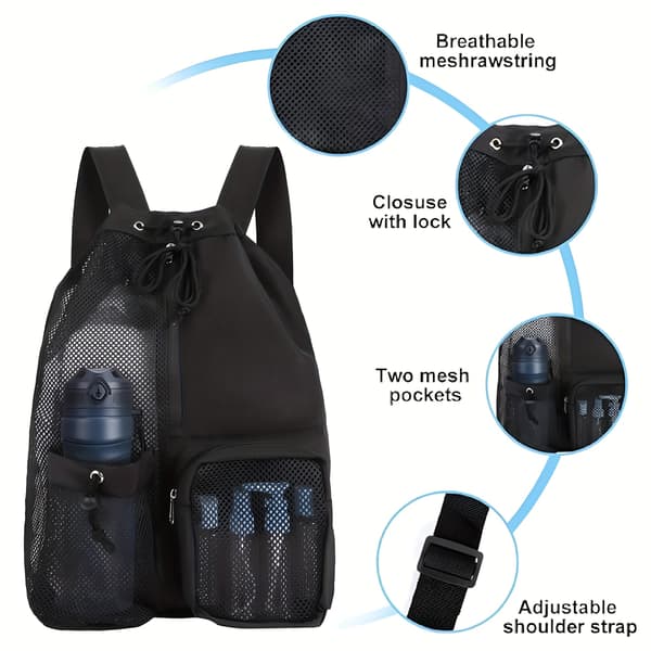 New Summer Quick-Drying Mesh Beach Bag, Foldable Drawstring Sports Bag, Lightweight and Multifunctional Storage B [DB] Black