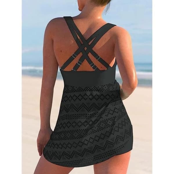 Tankini til kvinder, sort - Udskåret blonde - 2-delt badedragt - Push up - Badeshorts sort