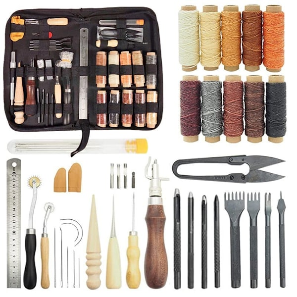 Leather Tools 40 Pieces, Leather Craft Set, Leather Tool Kit/Hand Tools for Leather - Waxed Thread, Awl, DIY, Sewing