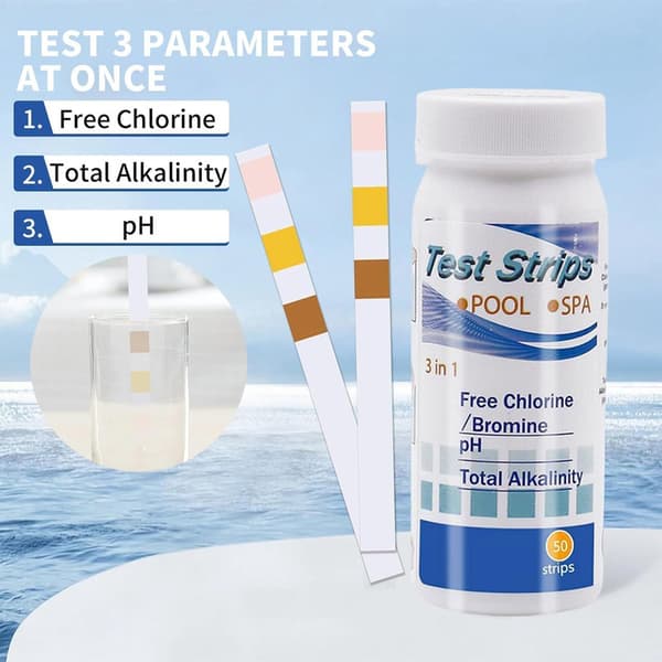 50-pack 3-in-1 Pool Test Strips and Spa Test Strips - pH, Water Tester, Alkalinity, Free Chlorine