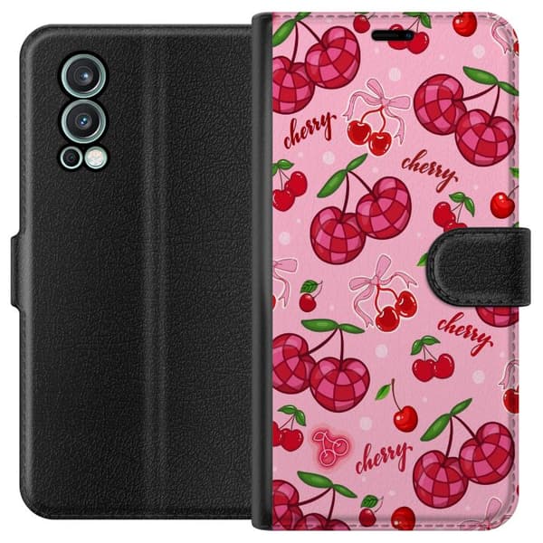 Compatible Wallet Case for OnePlus Nord 2 5G Rosy Cherry Pattern with Cute Bows, Hearts and Playful Fruit Illustrations. Pink