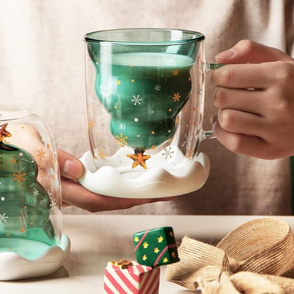 Jul-tema dubbelväggig isolerad glasmugg (med lock) - 300 ml söt presentmugg, lämplig för kaffe och te