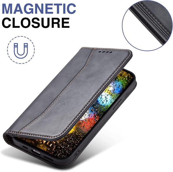 For iPhone 11 -16 Magnetic Leather Phone Case, Premium Leather Flip Case Foldable Card Slot Shockproof Stand Function (Black) iPhone 15 iPhone 15