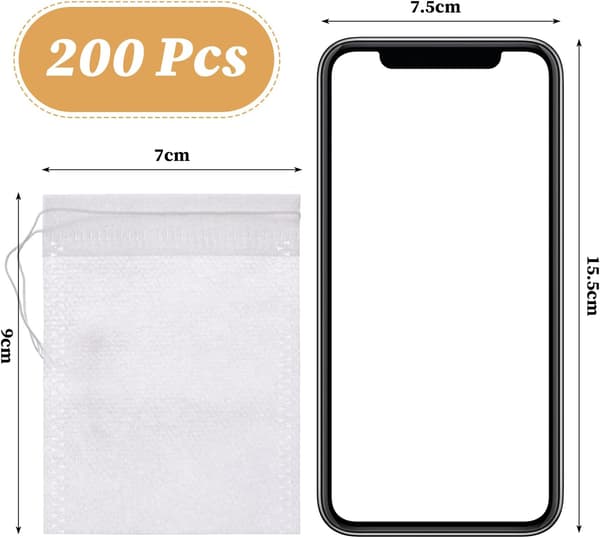 200 Drawstring Tea Bags - White - 7 x 9 cm, 9 cm
