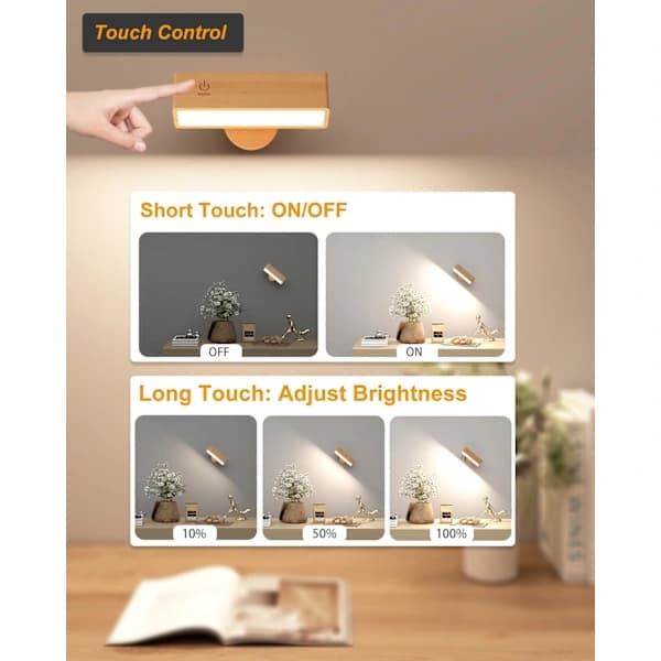 LED Wall Lamp Set of 2 Indoor Wood, Wireless USB Rechargeable, Adjustable Brightness Wall Light, Touch Bedside Lamp
