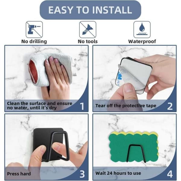 SUS304 Stainless Steel Self-Adhesive Sponge Holder, Quick-Drying, Compact Storage for Sponges, Brushes, Cutting Boards, 6 pcs, Black