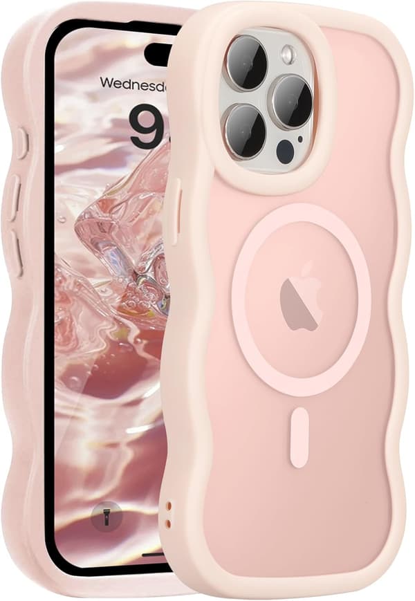 Magnetic Case for iPhone, Cute Case Compatible with MagSafe, Clear Wave Design Wavy Matte Phone Case Pink