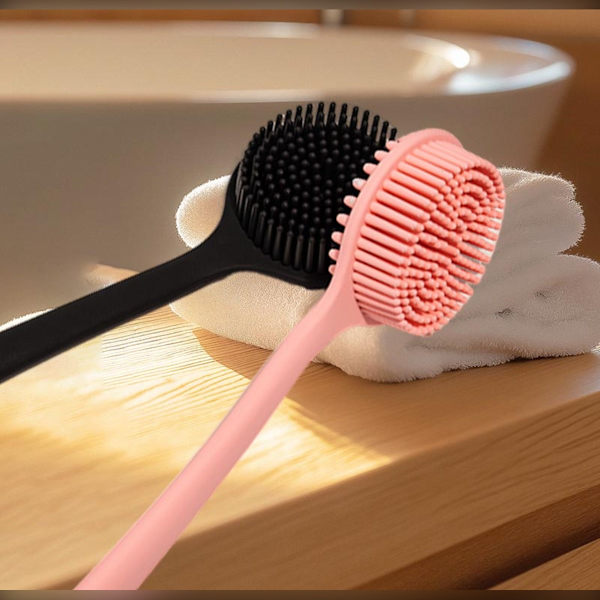 Silicone Long Handle Double-Sided Massage Bath Brush for Deep Cleaning & Relaxation Pink