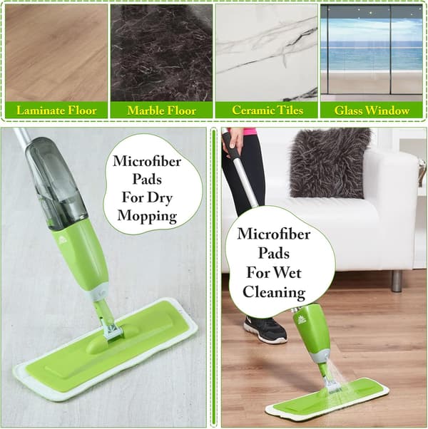 Mopper for kost med spray - 360° roterende mopp - 600 ml påfyllbar tank, gjenbrukbare puter, 1 skrape
