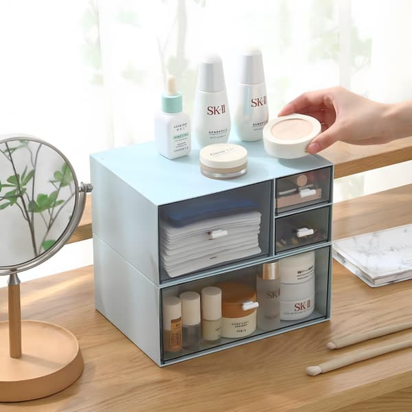 Blue Stackable Storage Boxes 3-Tier Set, Plastic Desk Organizer with 1 Deep Layer for Stationery, Makeup, and Office Supplies, Spac Bule