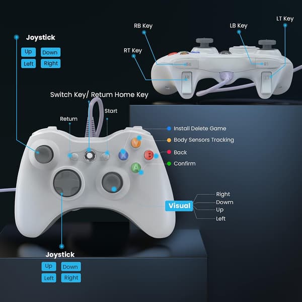 Kablet Xbox 360 Controller, Game Controller til 360 med Dual Vibration Turbo Kompatibel med Xbox 360/360 Slim og PC Windows 7,8,10 Hvid White